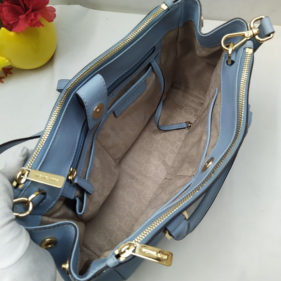 Michael Kors Blue Crossgrain Leather Carryall Double Handle Zipper Satchel Bag - Picture 10 of 16